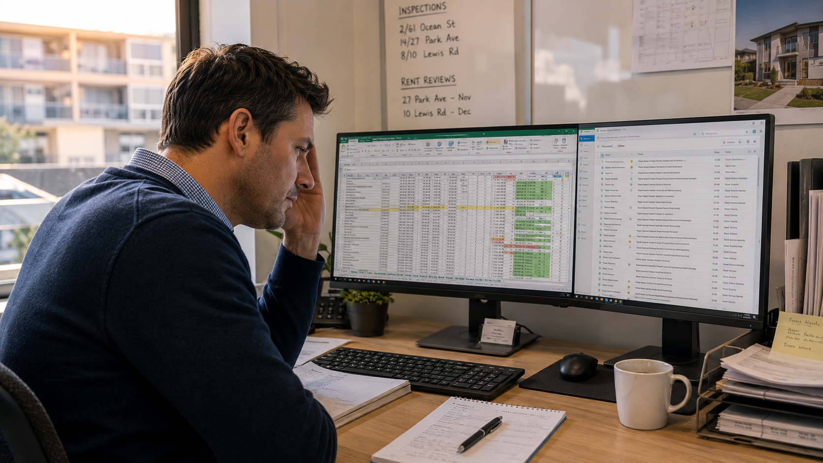 A property manager reviewing property data, inspection schedules, and tenant records across dual computer monitors while managing a busy property portfolio.