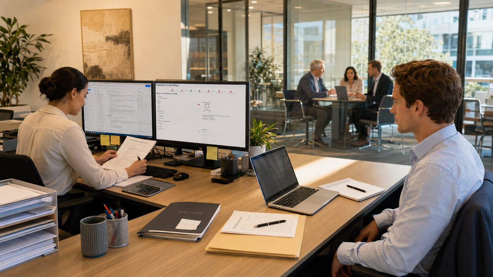 A professional services employee seated at a desk during onboarding while an administrator reviews paperwork beside dual monitors displaying email and an employee onboarding system.