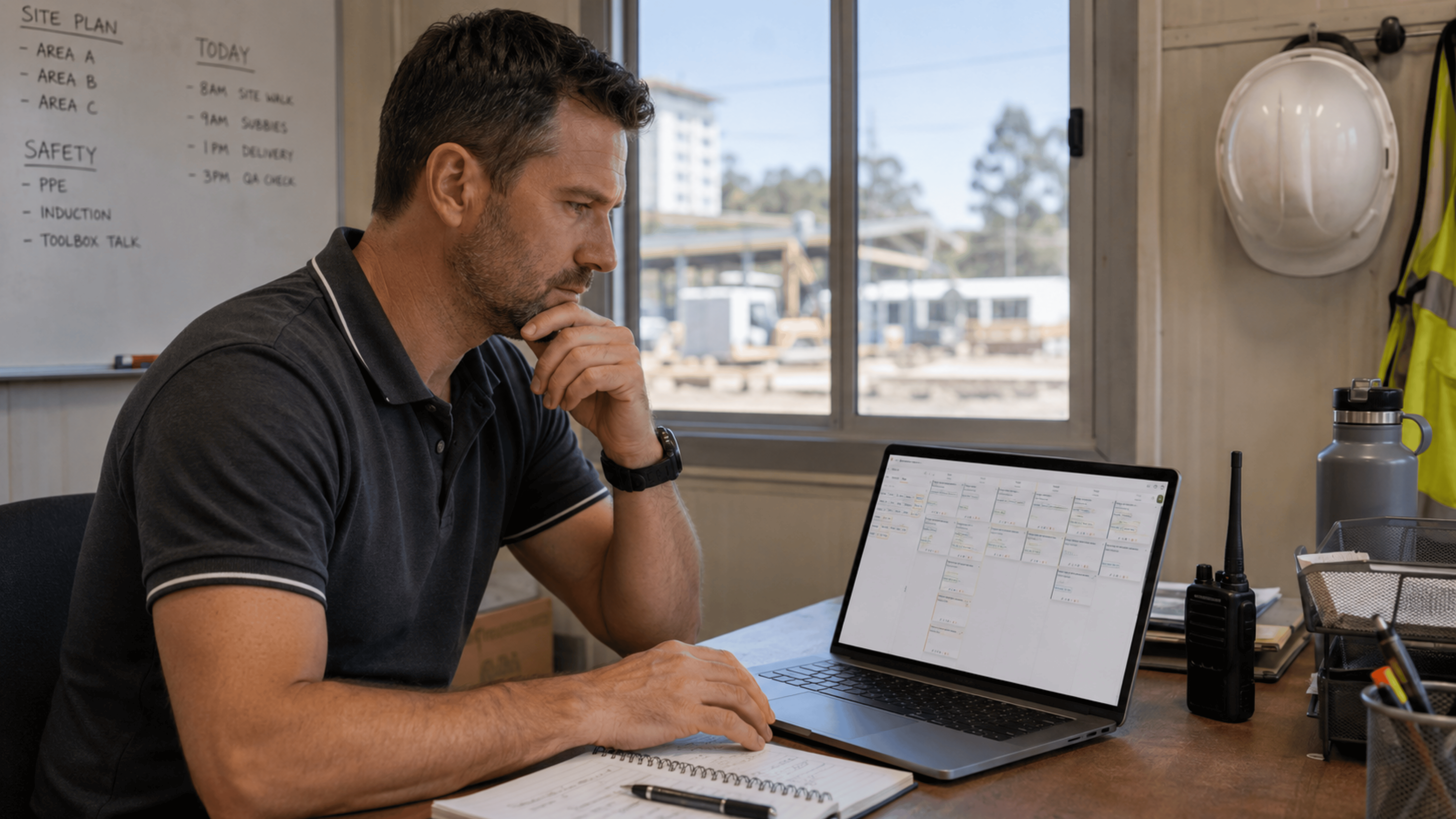 Construction project manager reviewing employee schedules and workforce planning on a laptop inside a site office overlooking an active construction project.