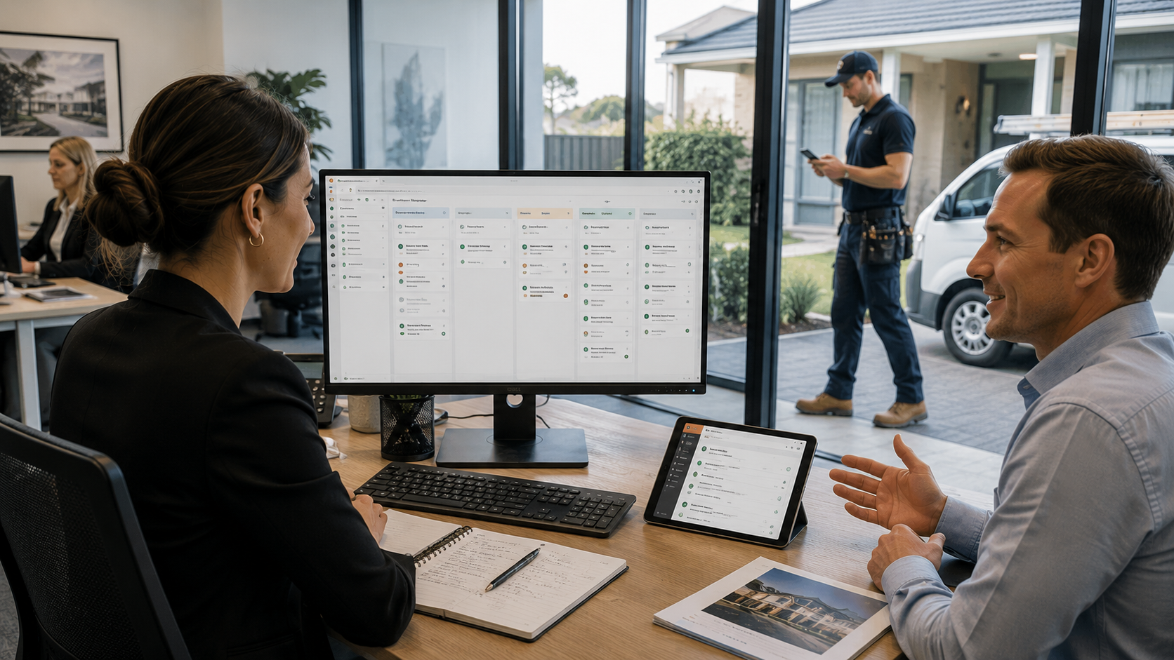A property manager and colleague reviewing maintenance tasks on a digital workflow system while a tradesperson prepares for a property service visit outside the office.