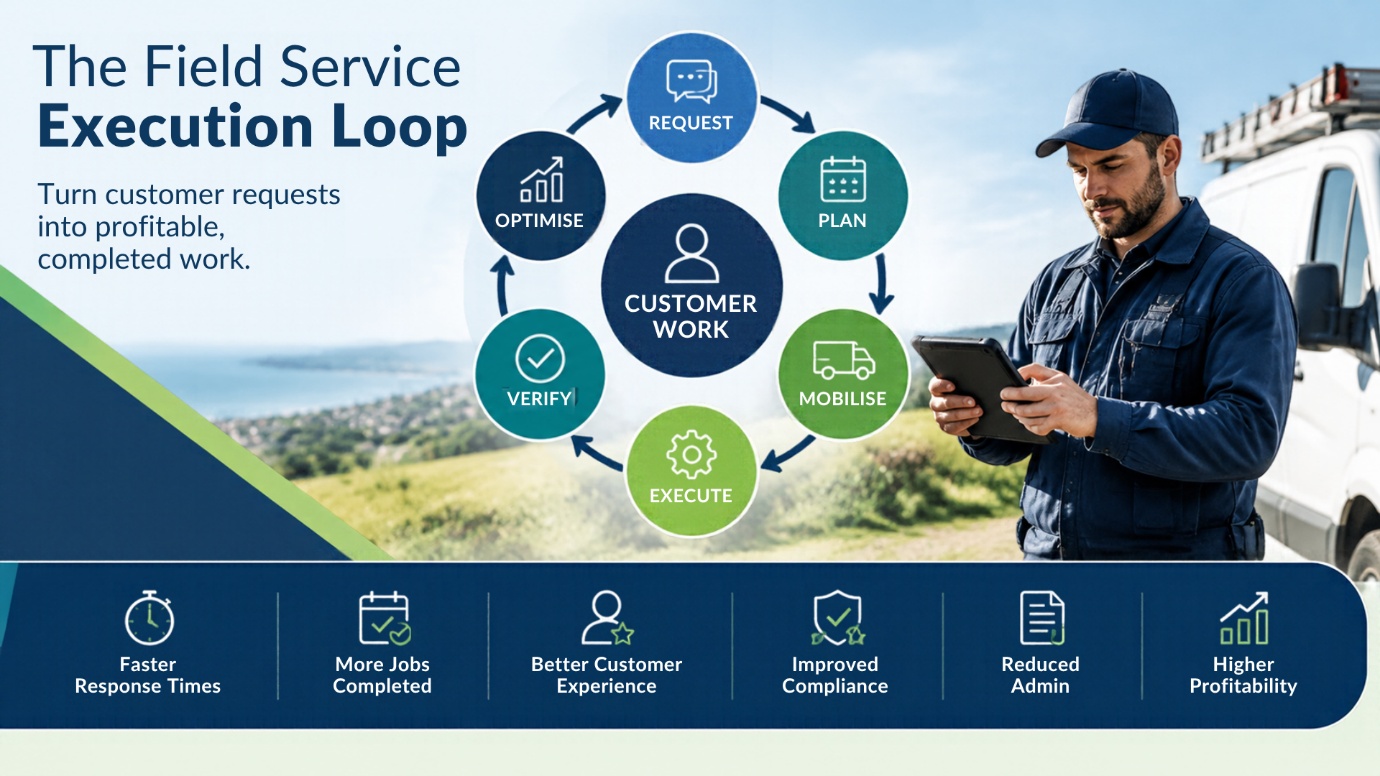The Field Service Execution Loop: request, plan, mobilise, execute, verify and optimise around customer work, beside a technician using a tablet next to his van. Benefits listed: faster response times, more jobs completed, better customer experience, improved compliance, reduced admin and higher profitability.