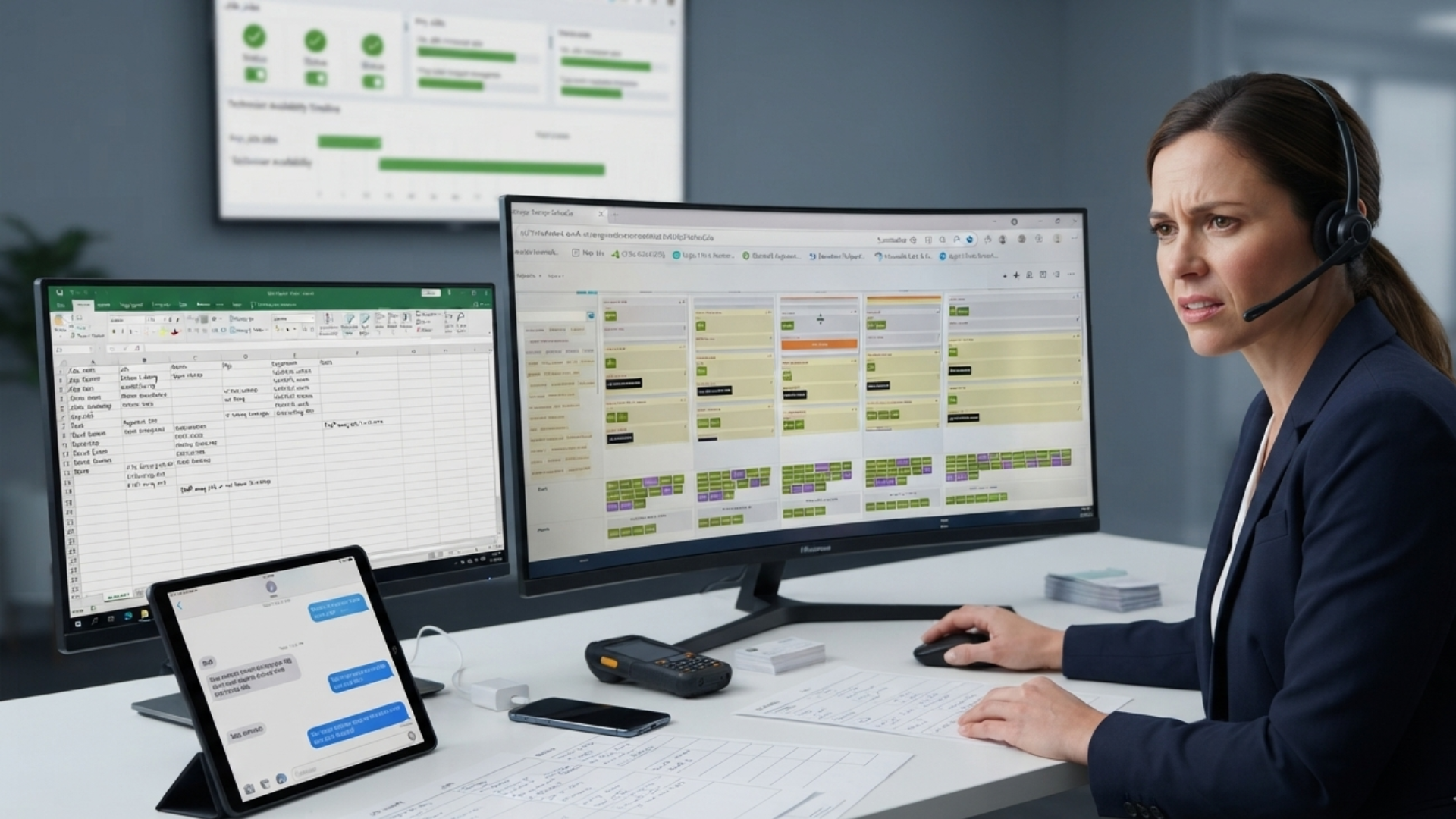 Field service dispatcher managing technician schedules, work orders, and customer communications using workforce management software across multiple screens.
