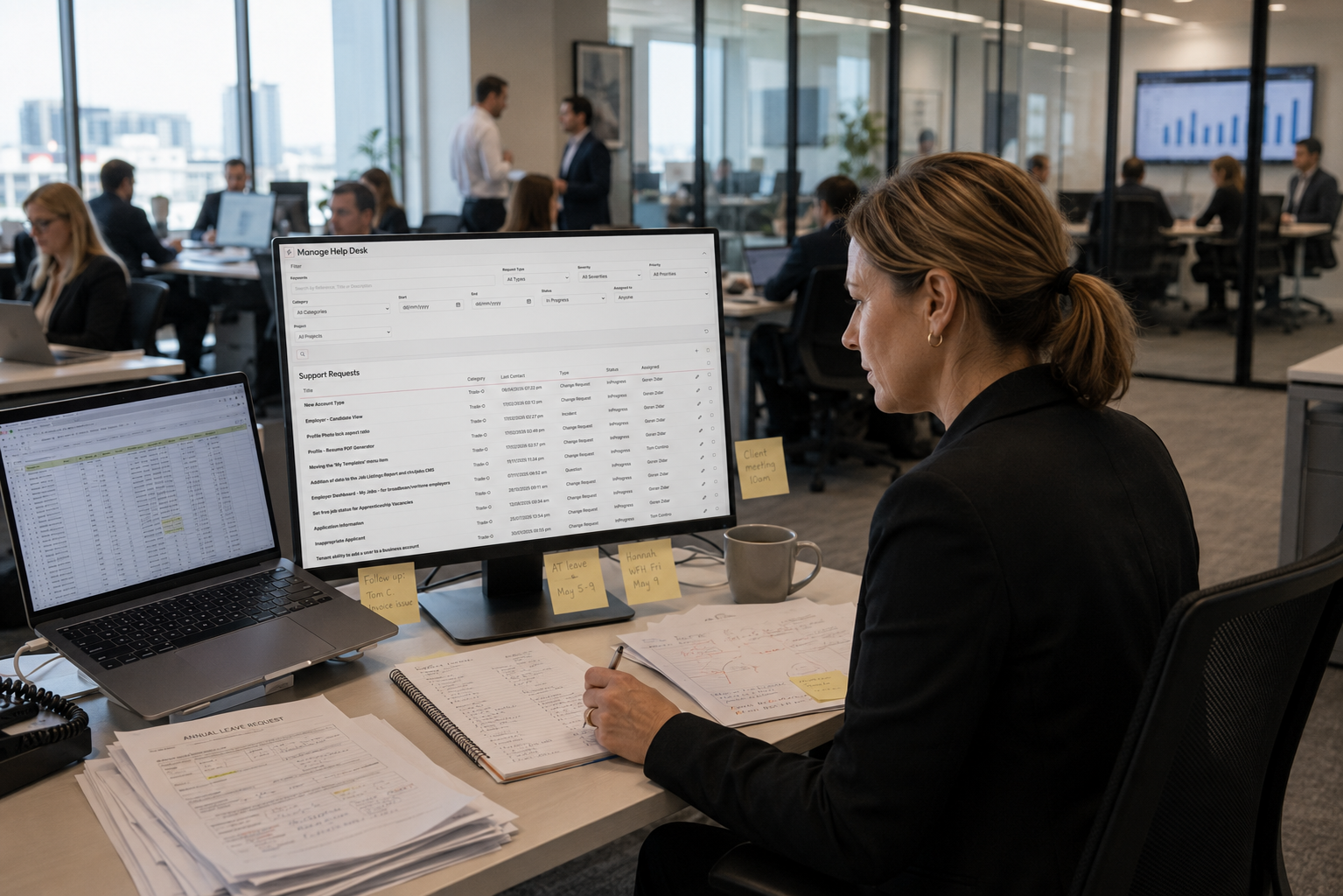 A practice manager reviewing workforce tasks across a help desk system, spreadsheet, handwritten notes, and paper leave requests in a busy professional services office.