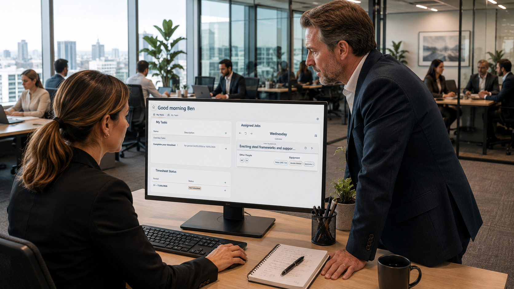 A practice manager and senior partner reviewing a digital workforce dashboard showing assigned work and timesheet status in a busy professional services office.