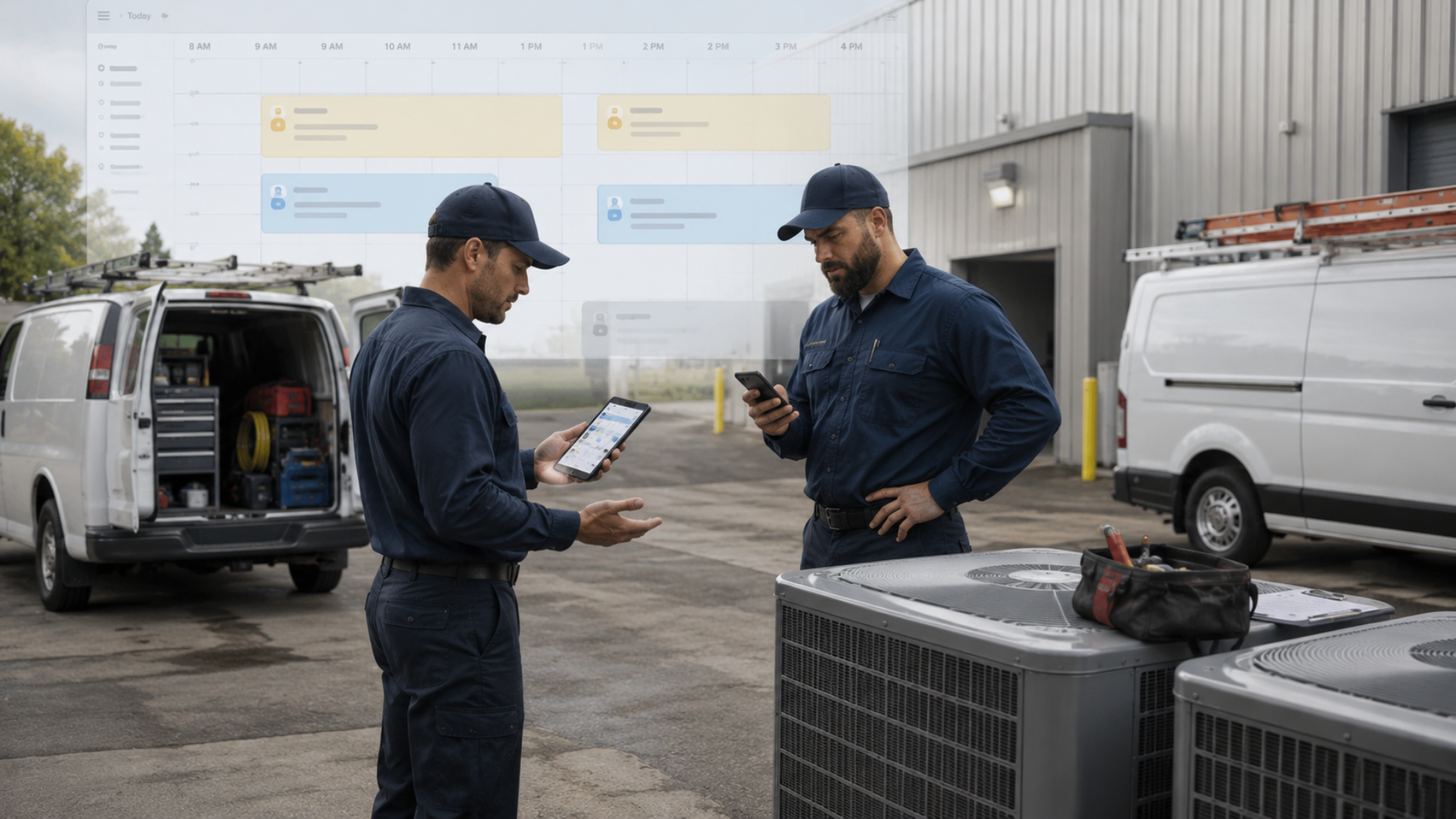 Field service technicians using mobile workforce management software to review schedules, job assignments, and real-time updates beside service vehicles at a commercial site.