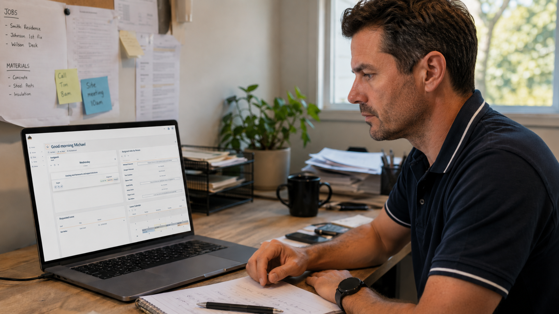 Construction business owner reviewing workforce management dashboard on laptop while planning jobs, employee schedules, leave requests and upcoming work assignments in a home office.