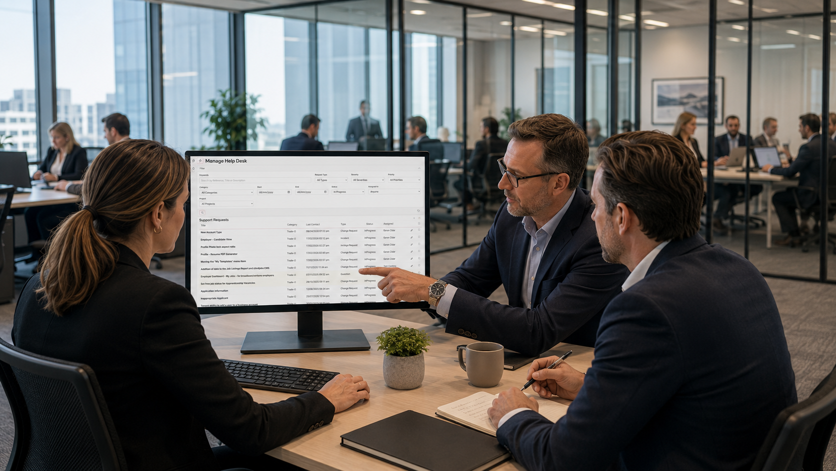 A practice manager and two senior colleagues reviewing support requests and operational tasks together on a digital workforce management system.