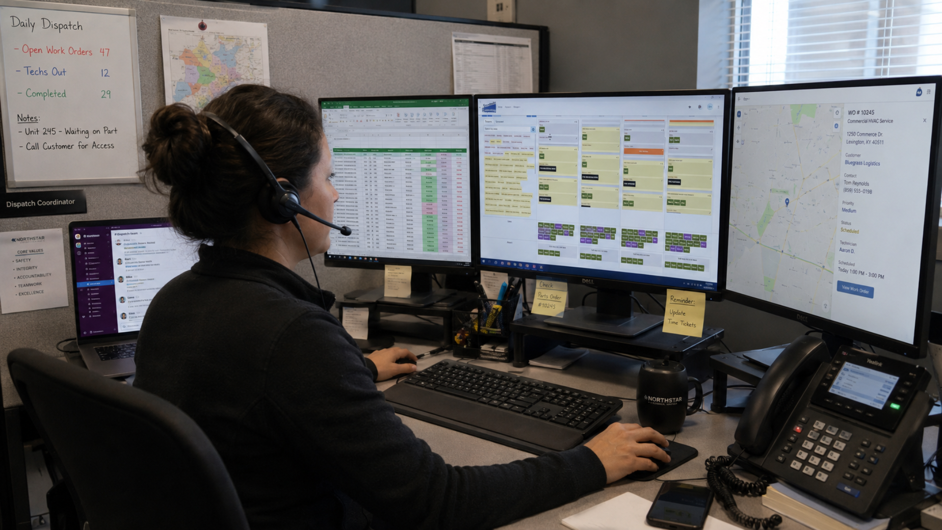 Field service dispatcher using workforce management software to schedule technicians, monitor work orders, and track jobs in real time from a dispatch office.