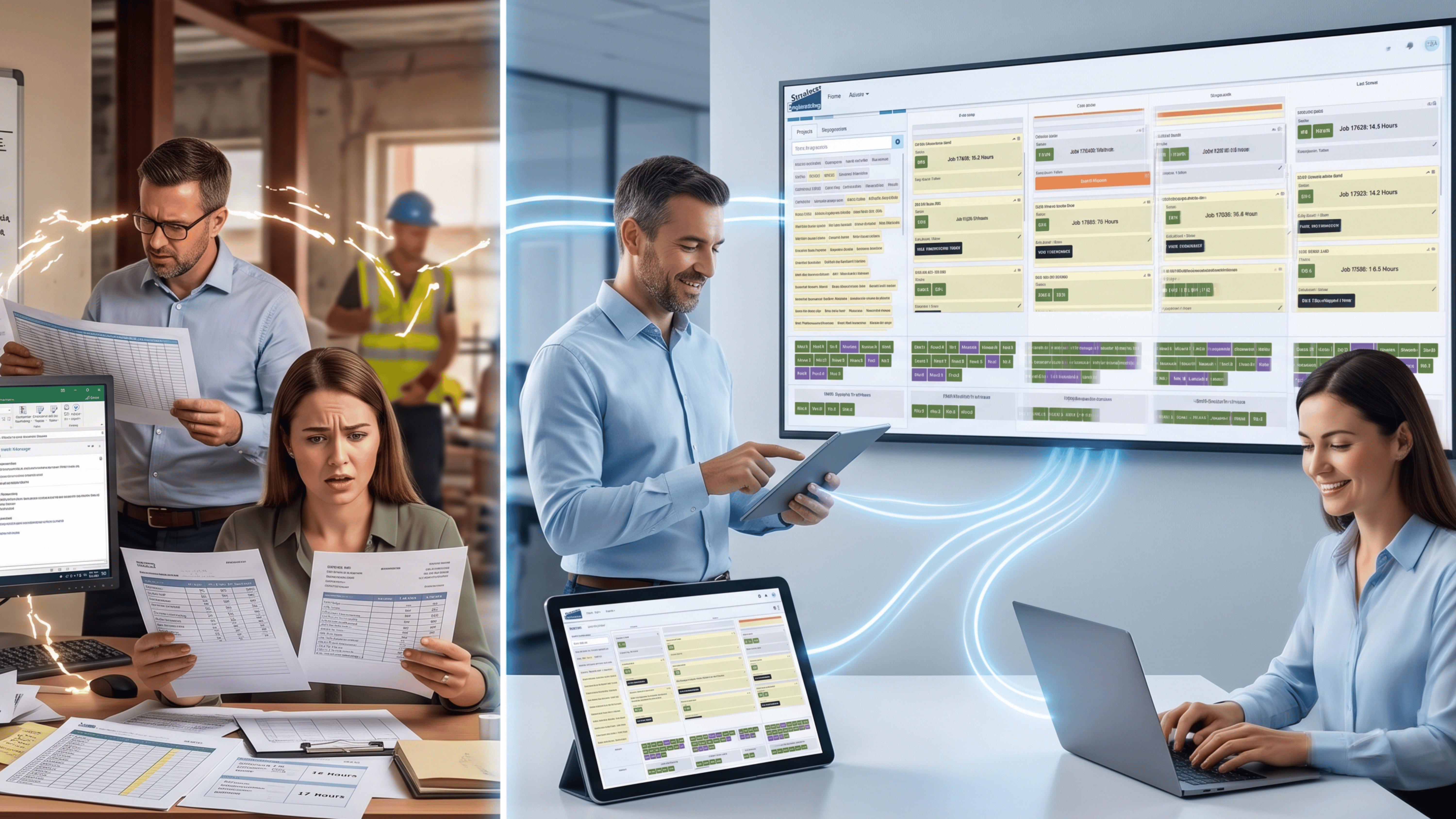 Comparison of manual workforce scheduling versus digital workforce management software, showing streamlined employee rostering, timesheet management, and real-time project coordination.