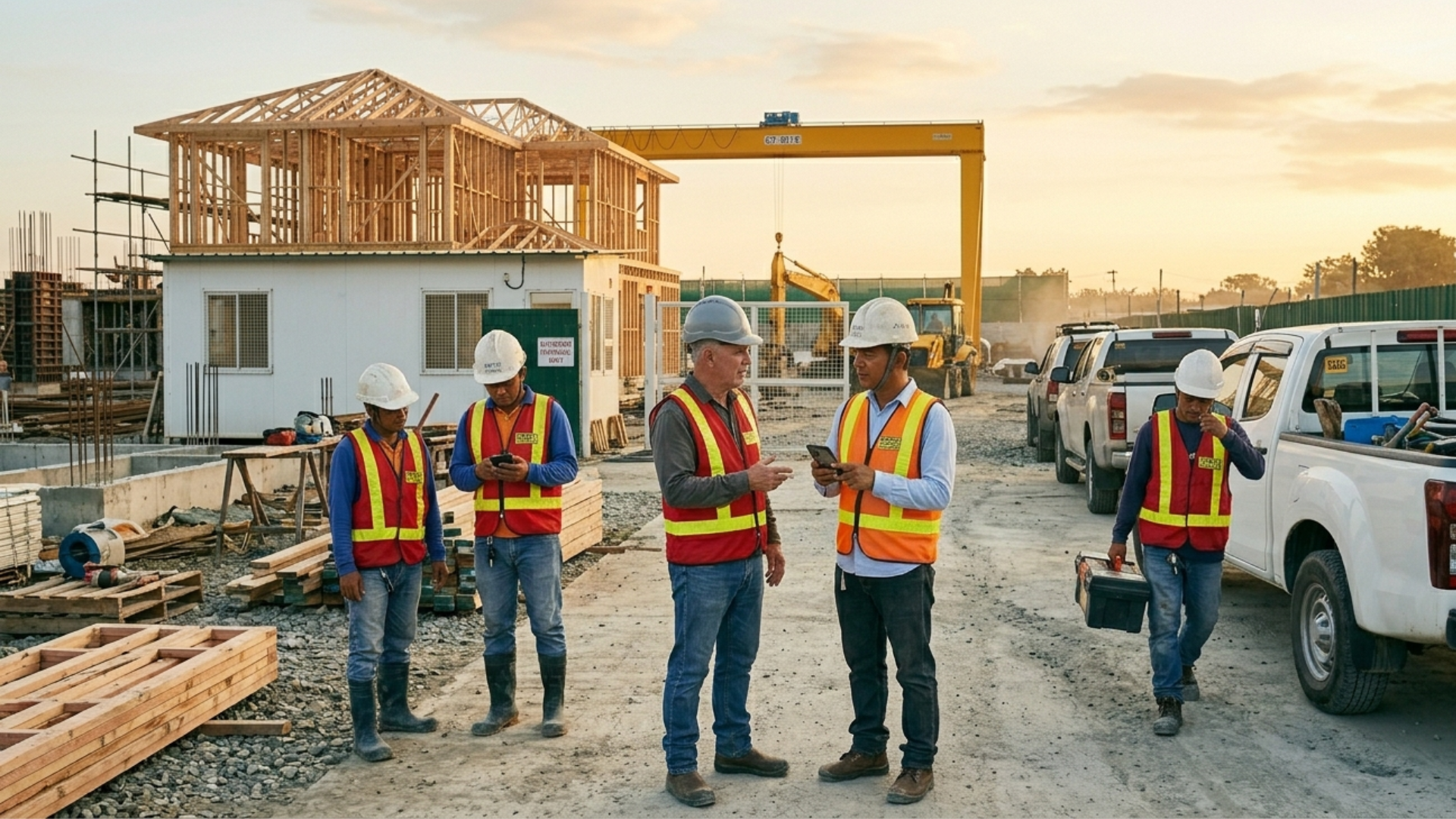 Construction site supervisors and field workers using mobile devices to coordinate schedules, tasks, and project updates during a residential construction project.