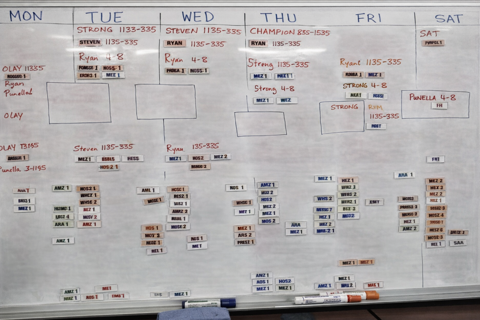 Whiteboard showing staff allocations