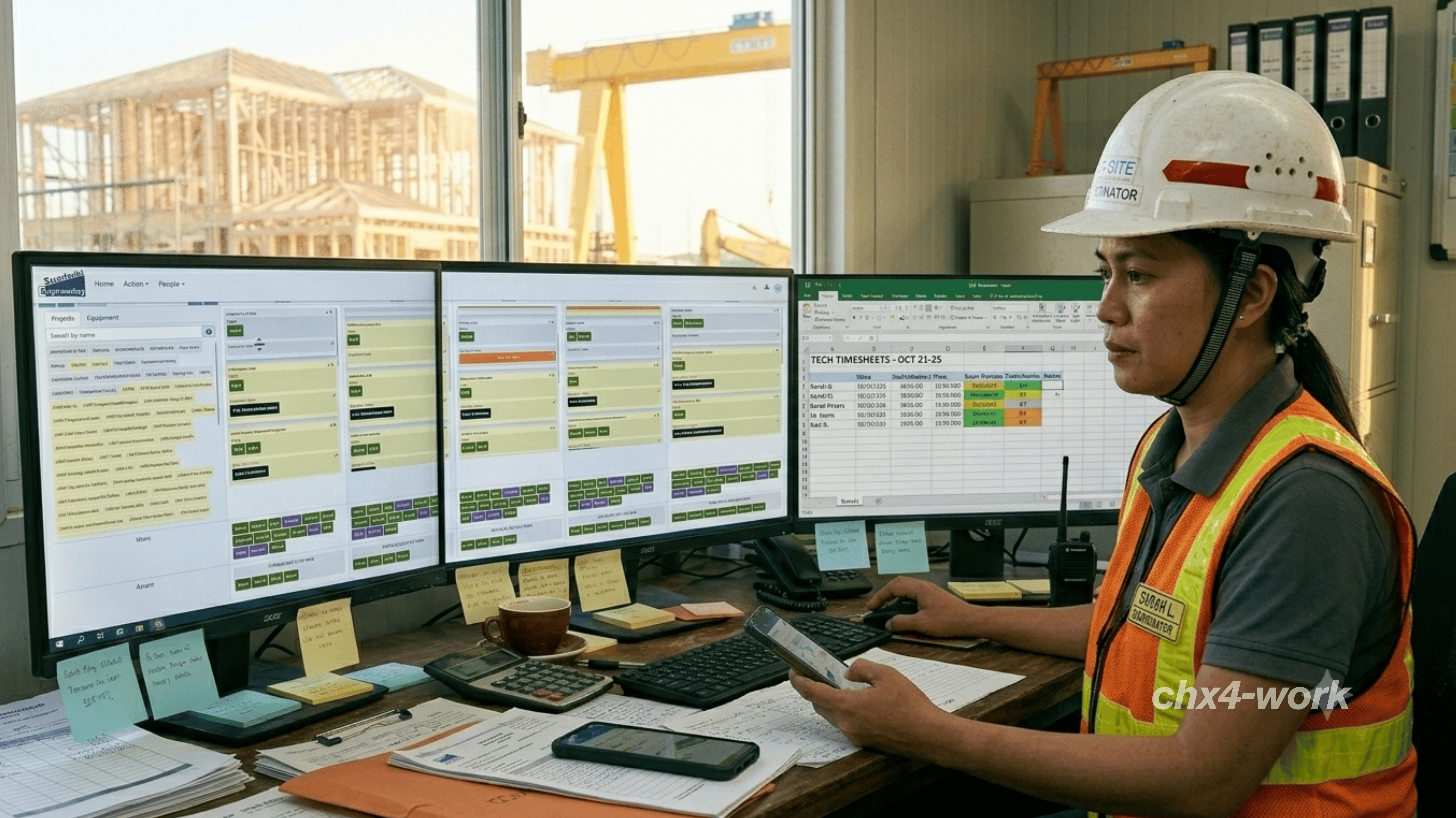 Construction site coordinator using workforce management software across multiple monitors to manage employee schedules, timesheets, and project resources from a site office.