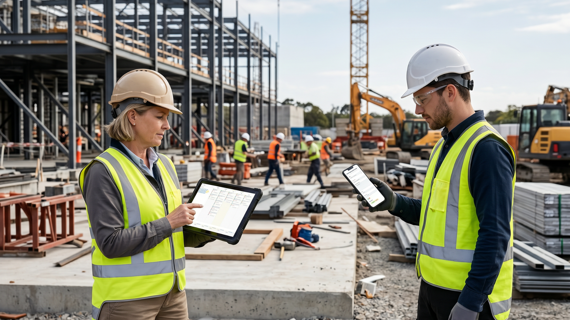Construction site managers using a tablet and smartphone to coordinate workforce schedules, job assignments, and real-time project updates on an active construction site.
