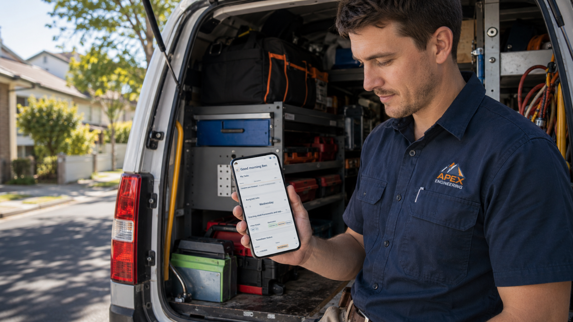 Field service technician reviewing assigned jobs and daily tasks on a mobile workforce management app beside a fully equipped service vehicle.