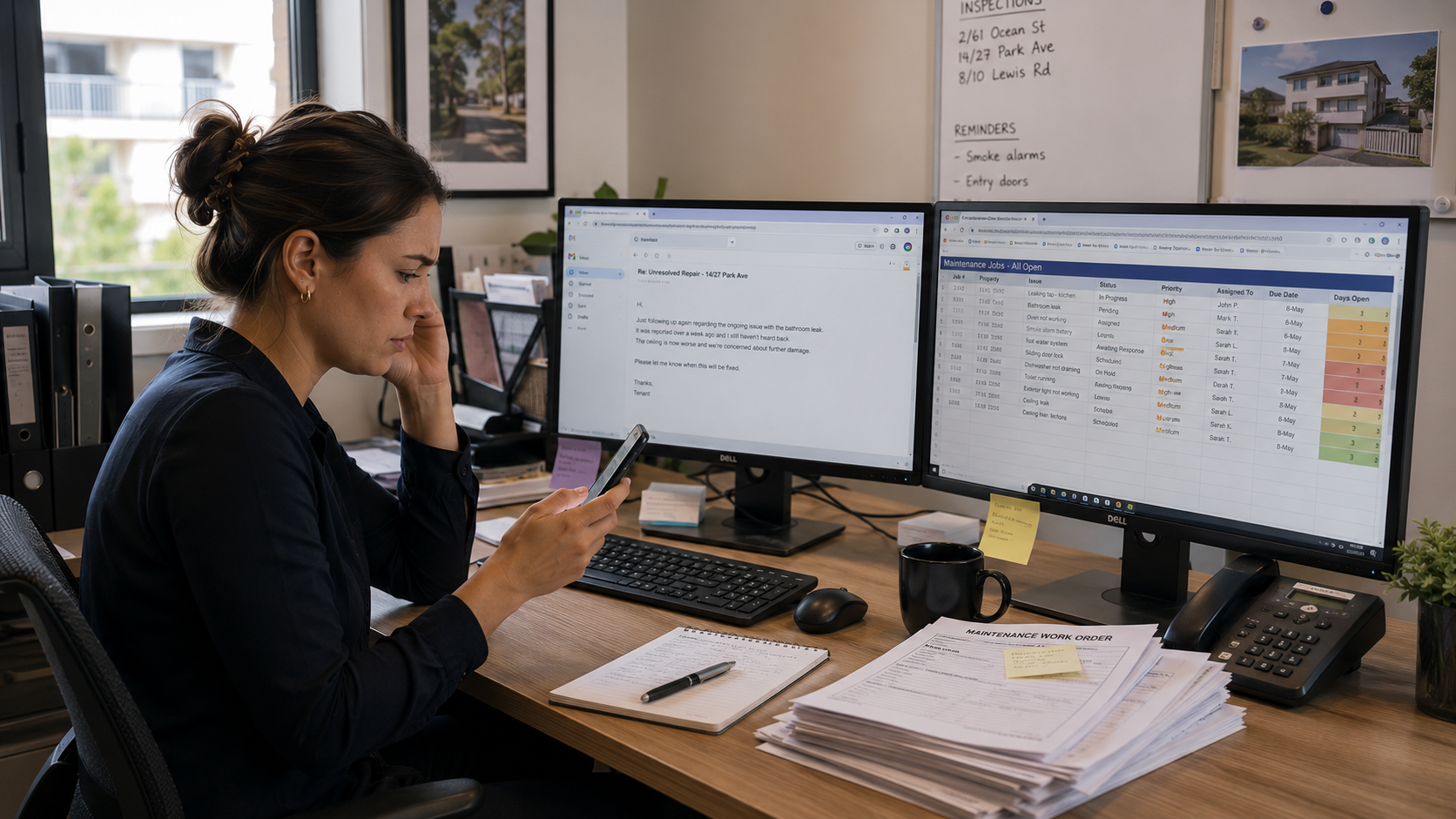 A property manager reviewing an unresolved tenant repair request and open maintenance jobs across dual computer monitors while managing maintenance work orders.