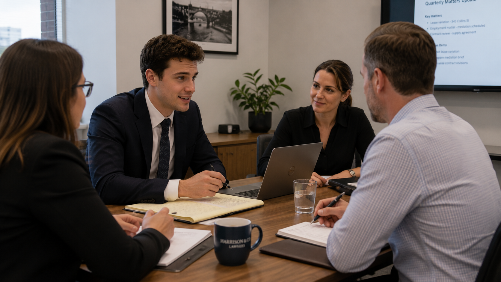 A young professional in a suit participating in a meeting with three colleagues around a conference table in a professional services office.