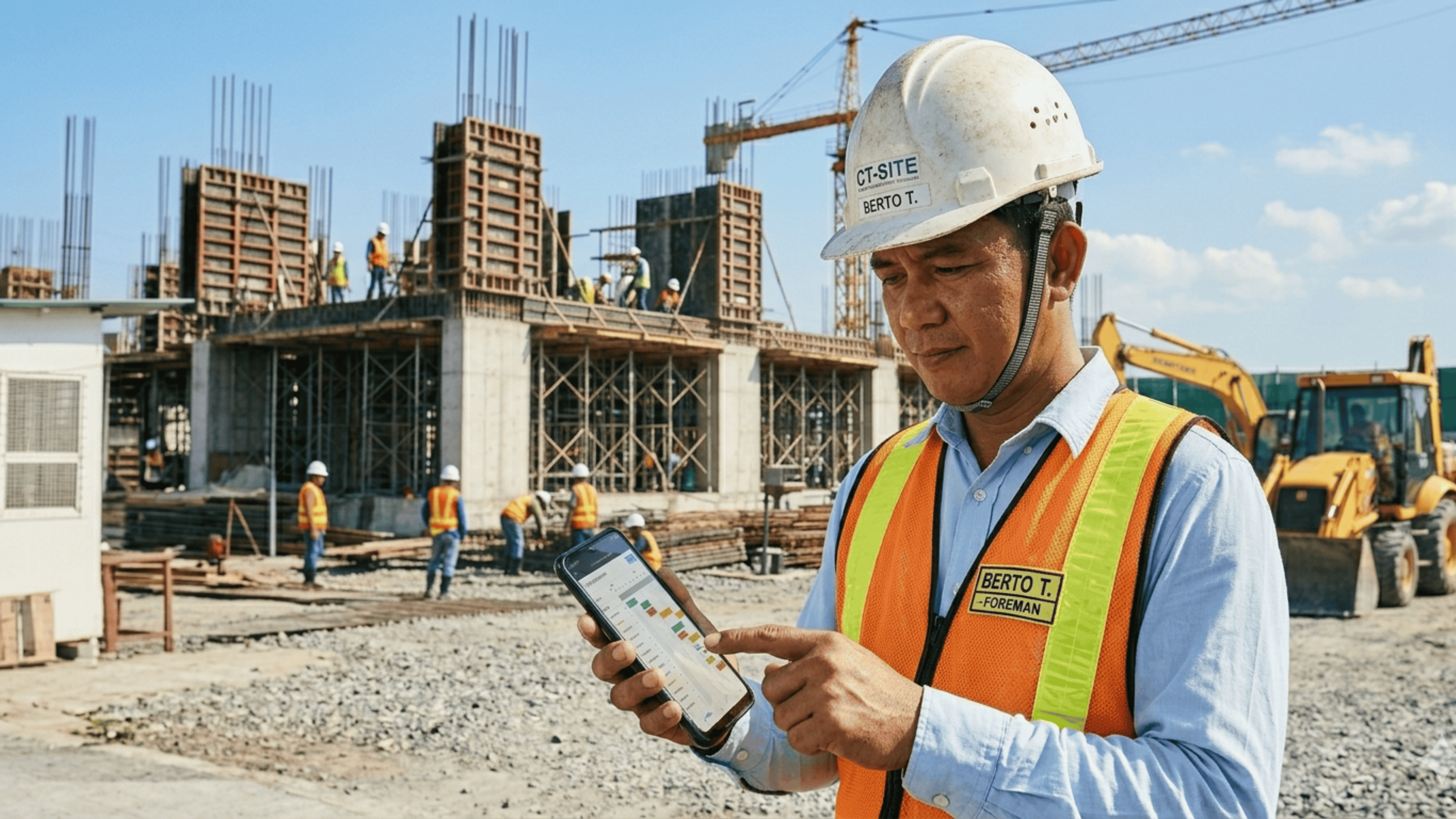 Construction site foreman using a mobile workforce management app to view schedules and job assignments while supervising workers on an active building project.