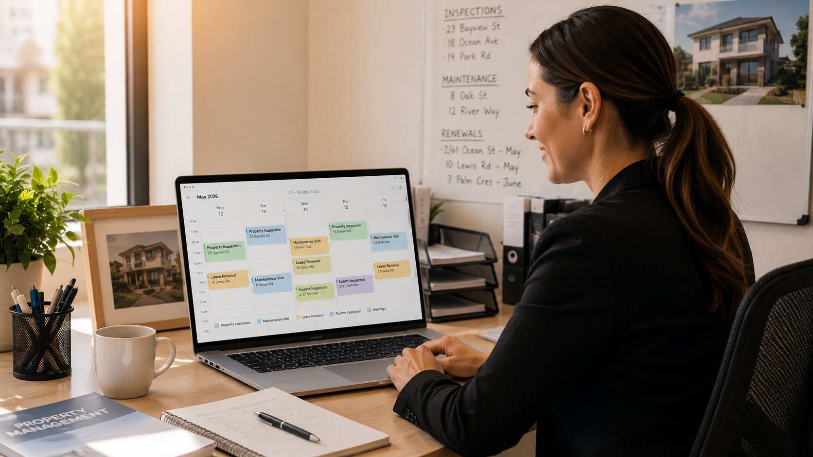 A property manager reviewing a digital calendar of property inspections, maintenance visits, and lease renewals at her desk.
