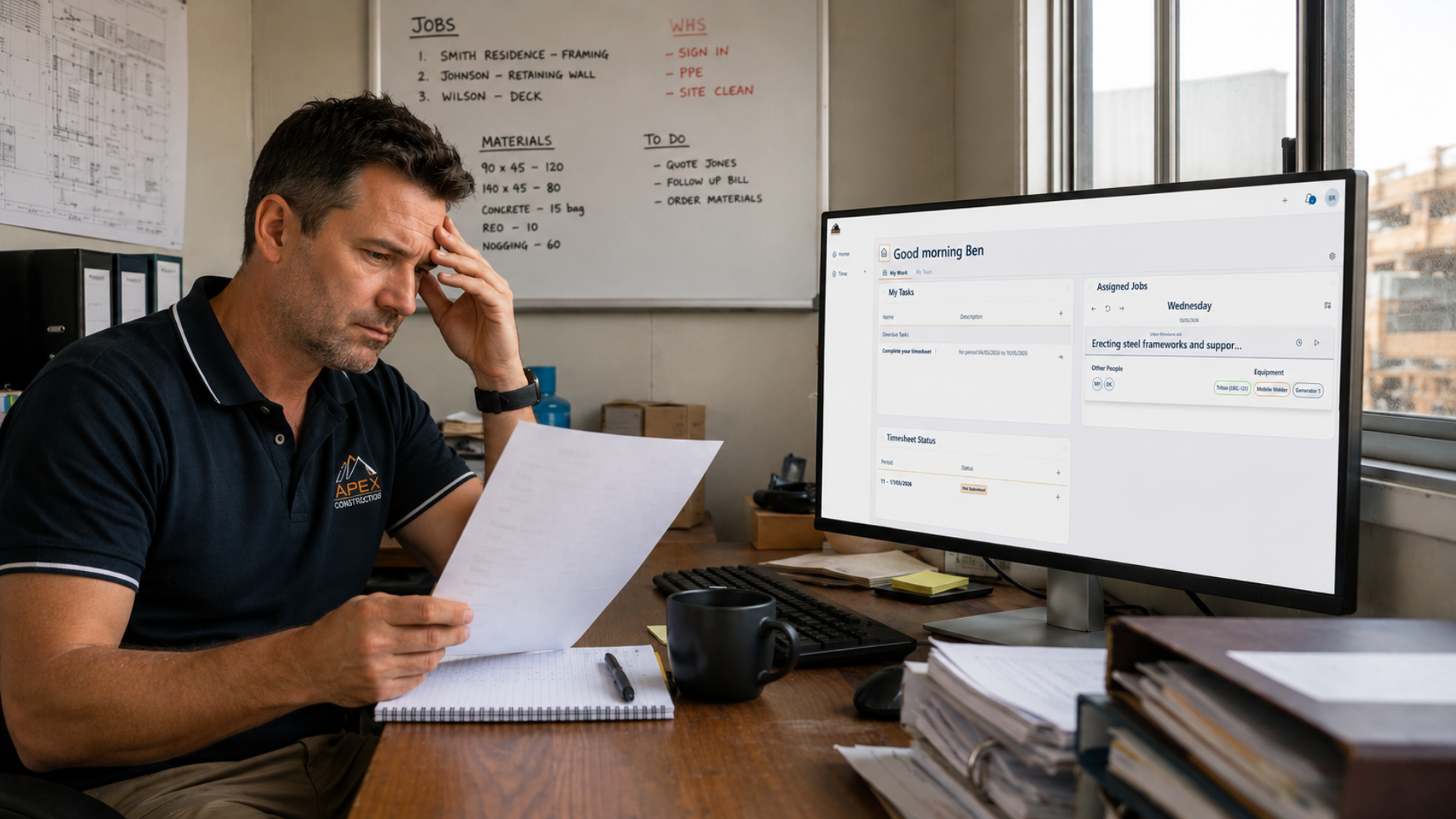 Construction manager reviewing paperwork while using a workforce management dashboard to track assigned jobs, tasks, and timesheet status.