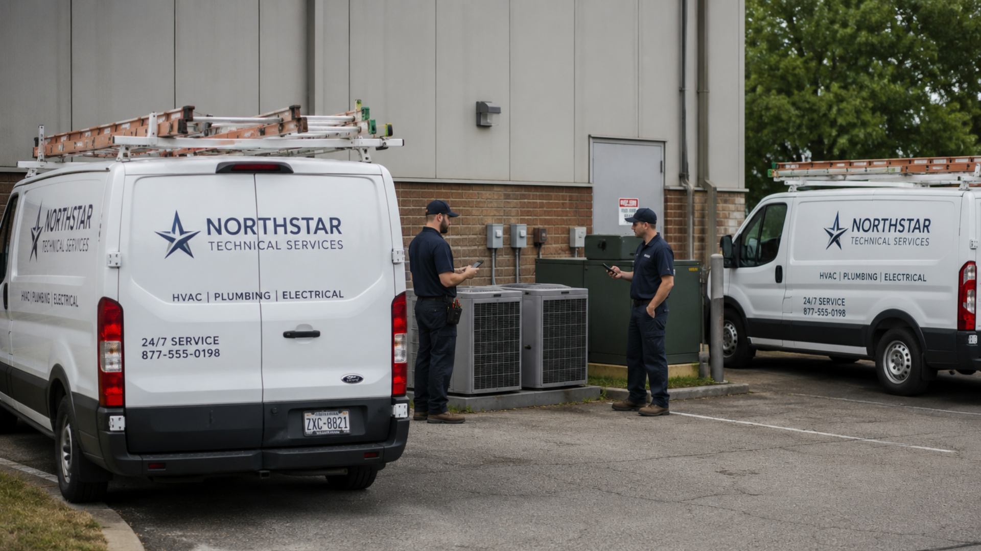Field technicians using mobile workforce management software to receive job assignments and coordinate service work beside company service vehicles.